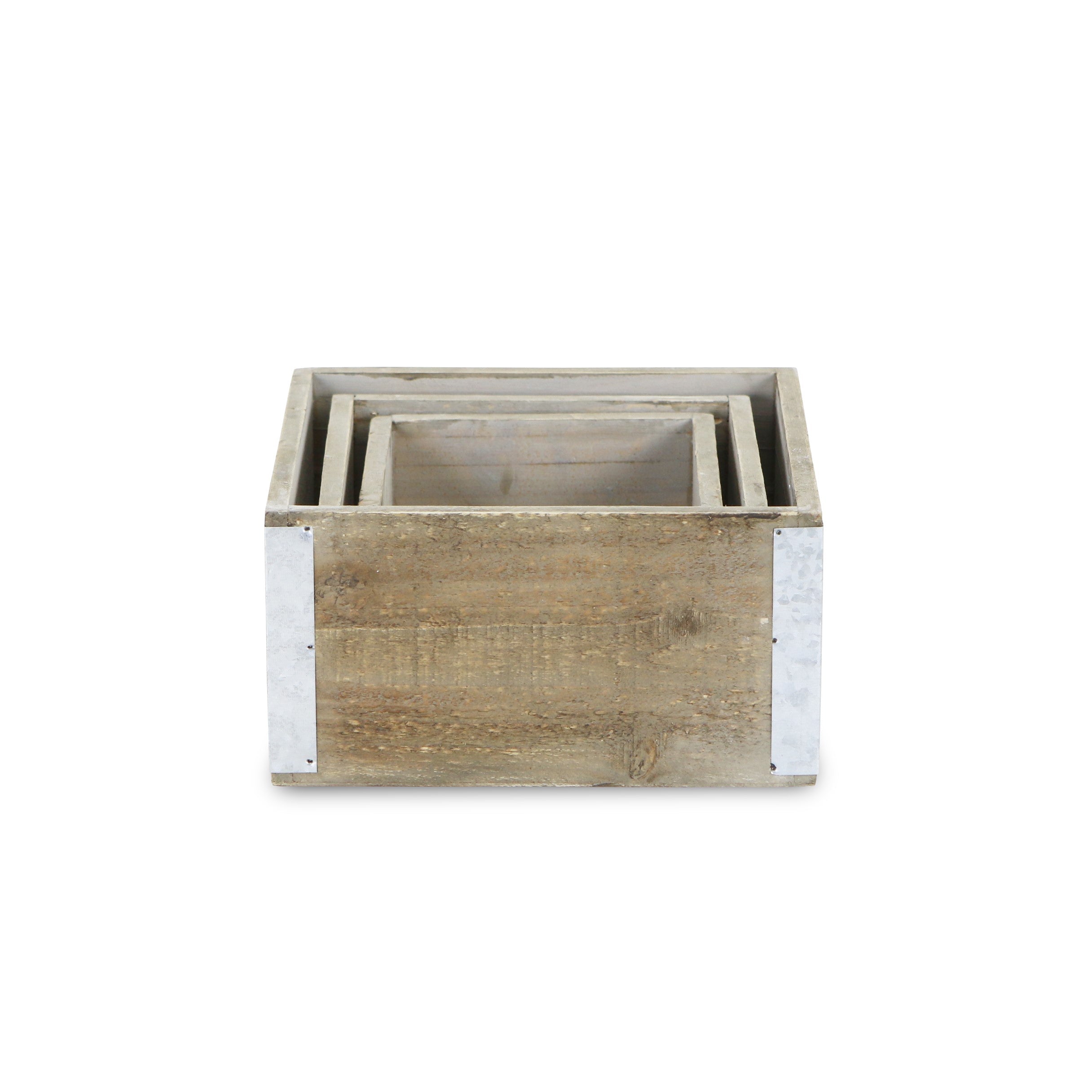 Set of Three Brown Solid Wood And Metal Crate