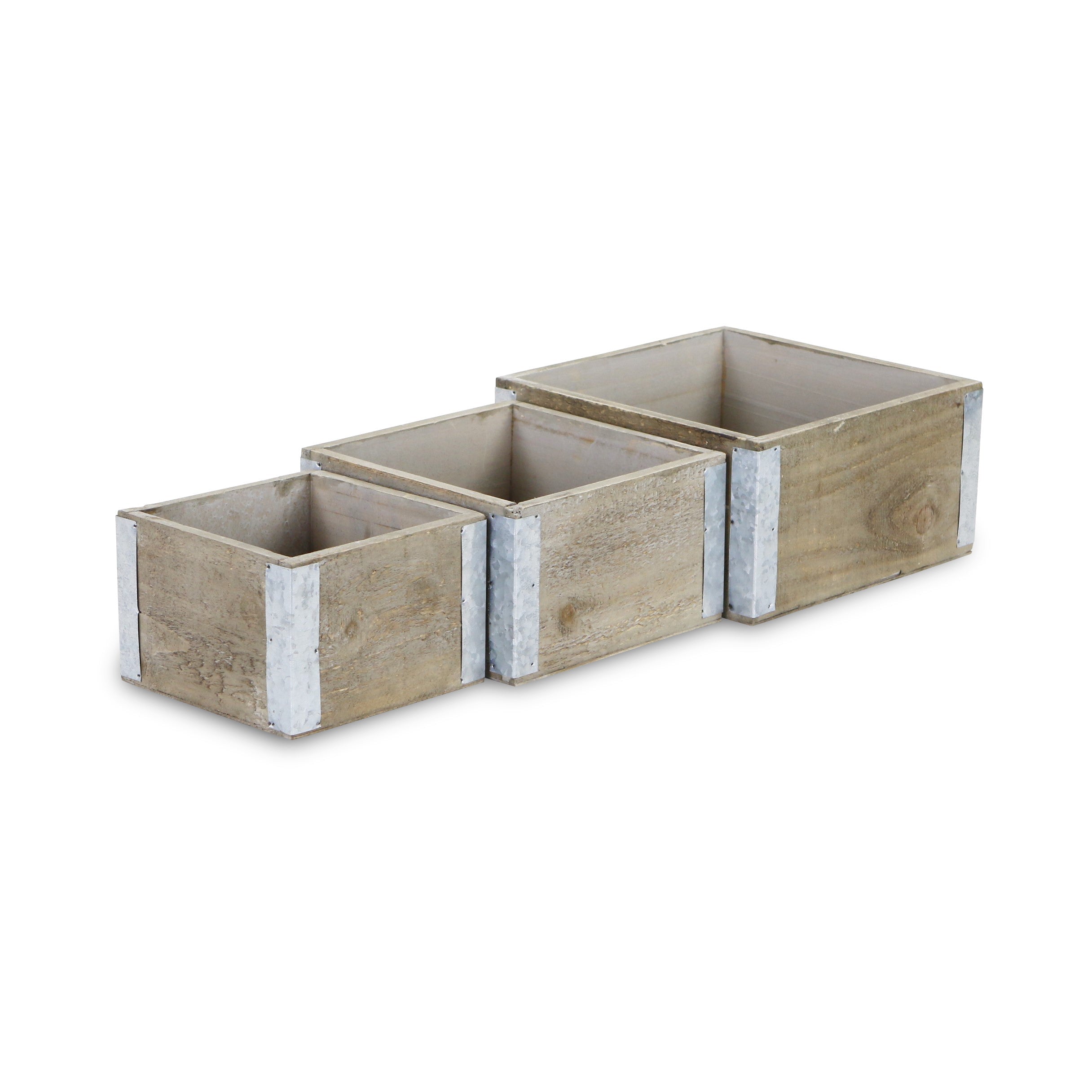 Set of Three Brown Solid Wood And Metal Crate