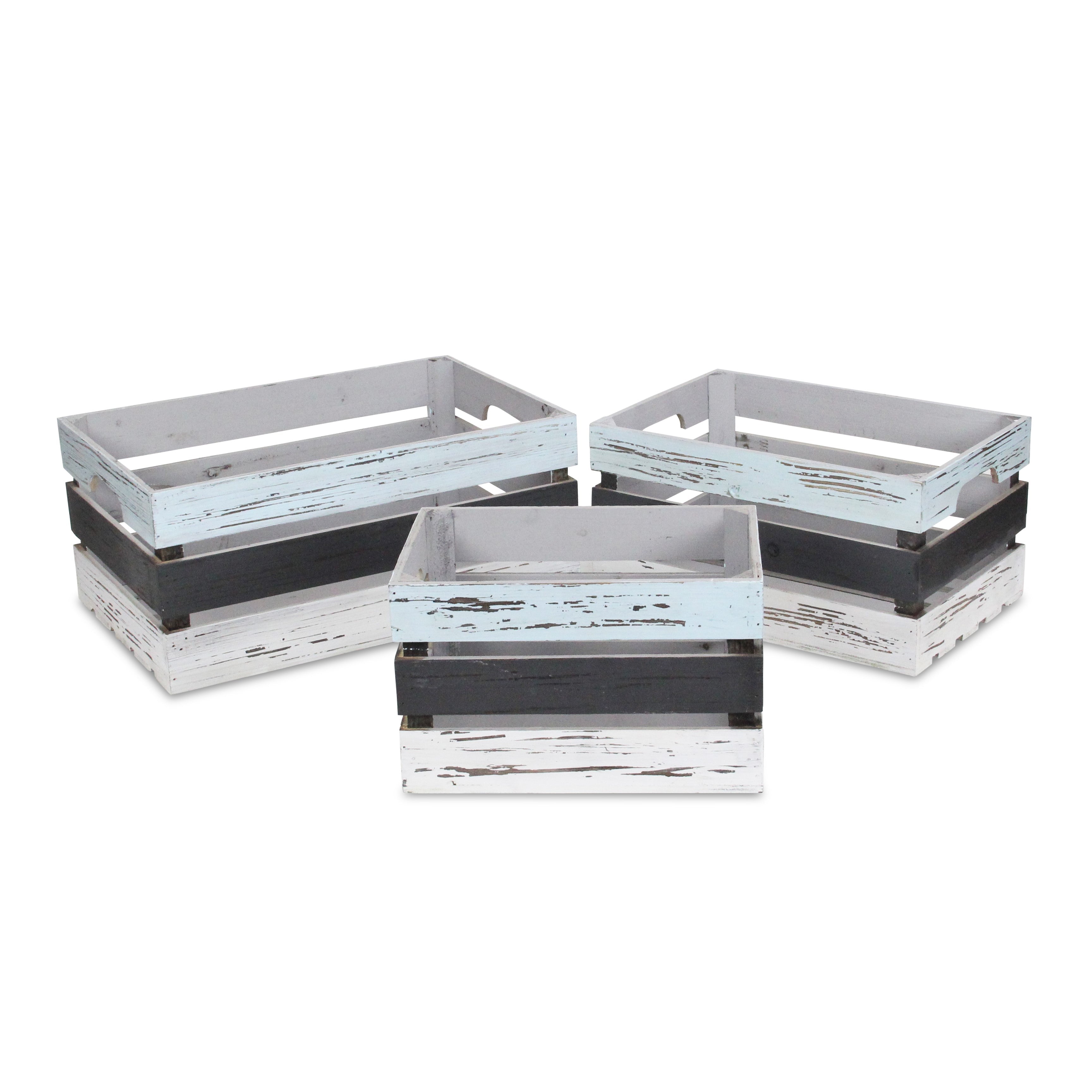 Set of Three Black Light Blue And Off White Solid Wood Crate