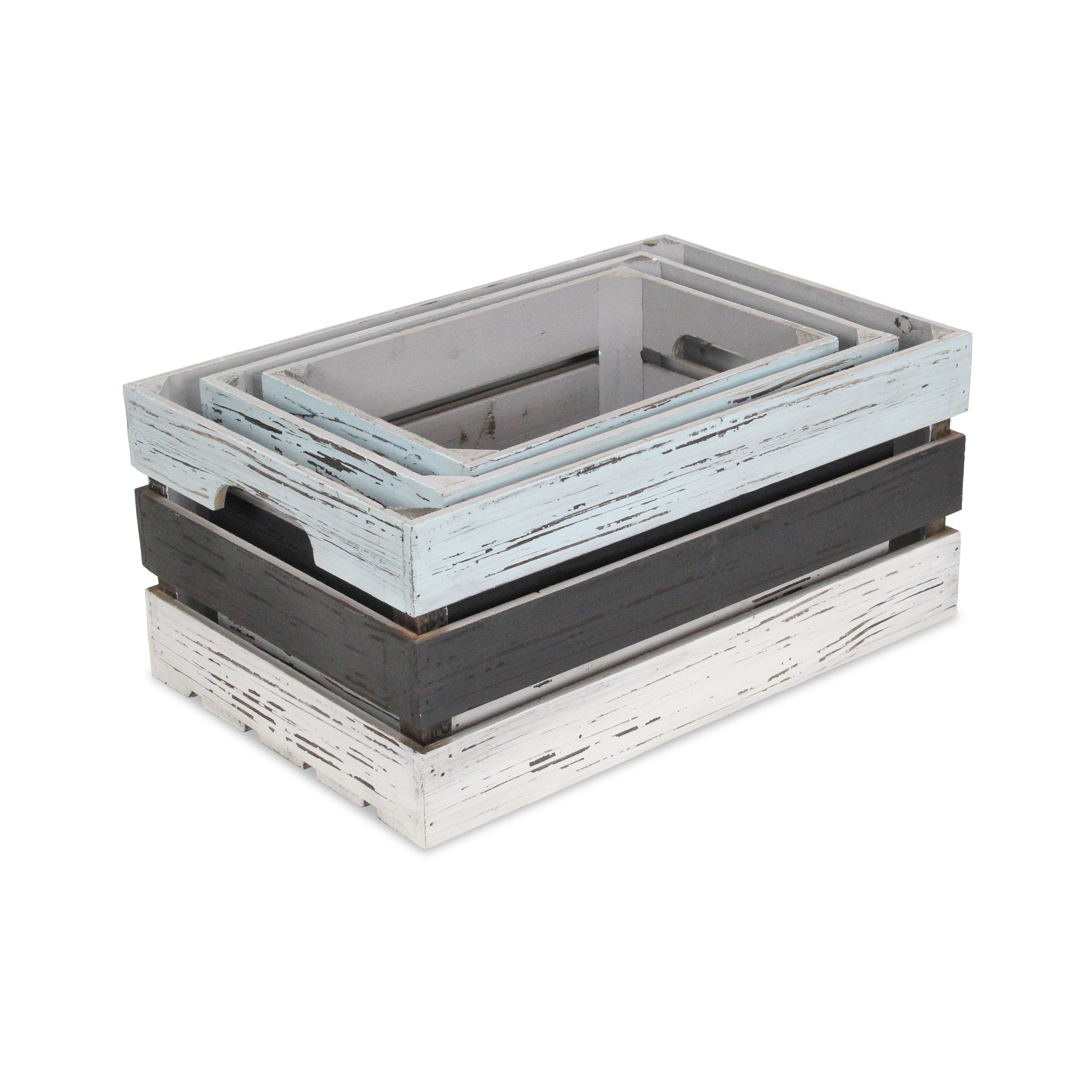 Set of Three Black Light Blue And Off White Solid Wood Crate