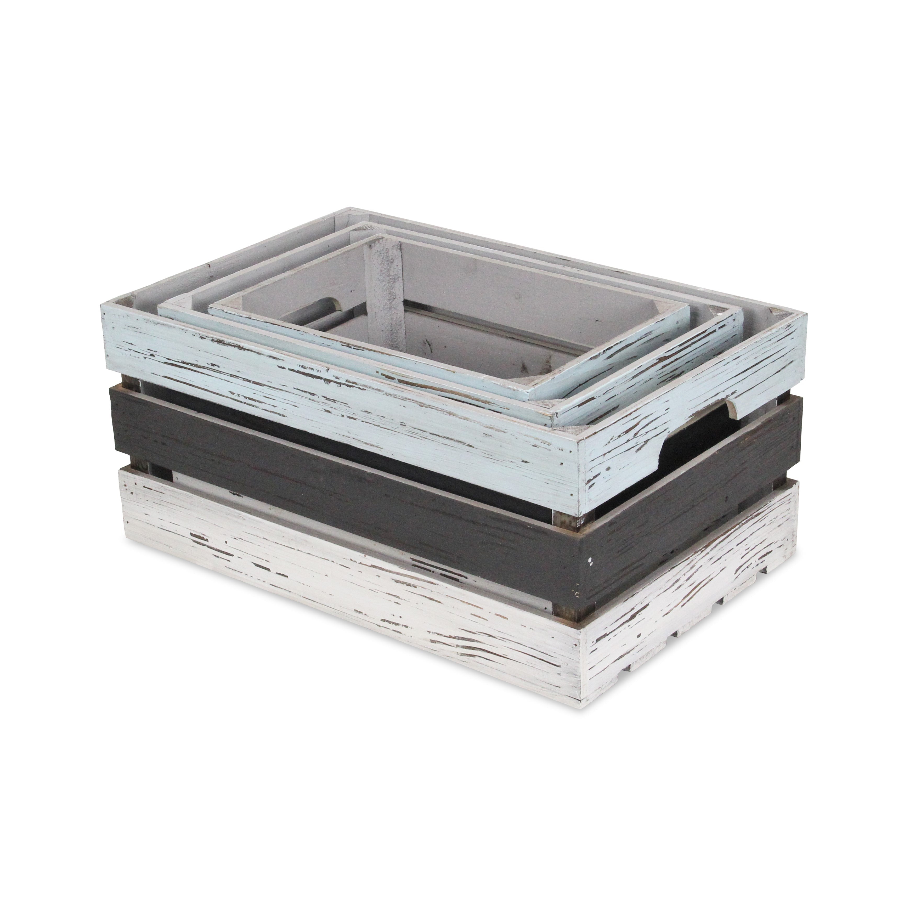 Set of Three Black Light Blue And Off White Solid Wood Crate