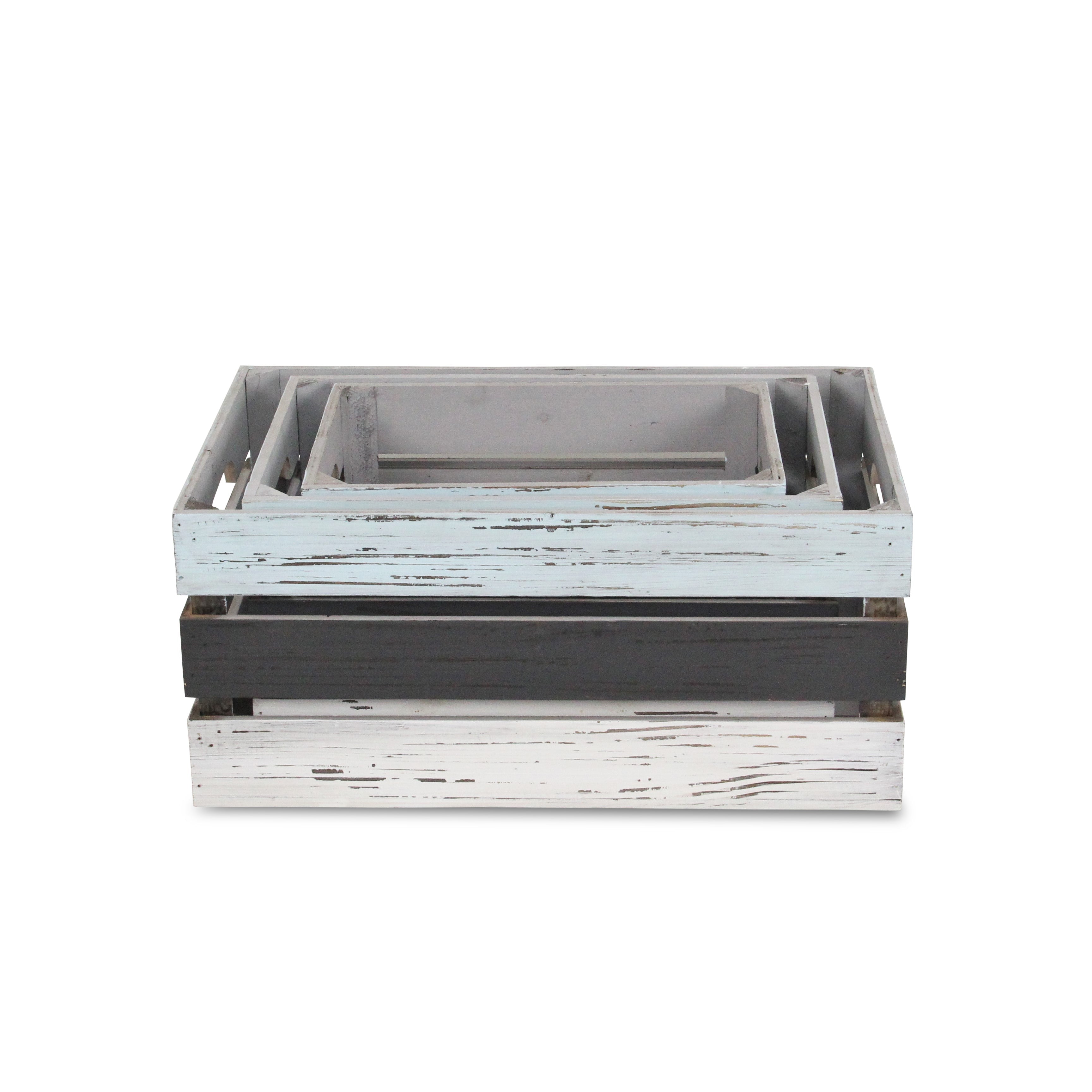 Set of Three Black Light Blue And Off White Solid Wood Crate