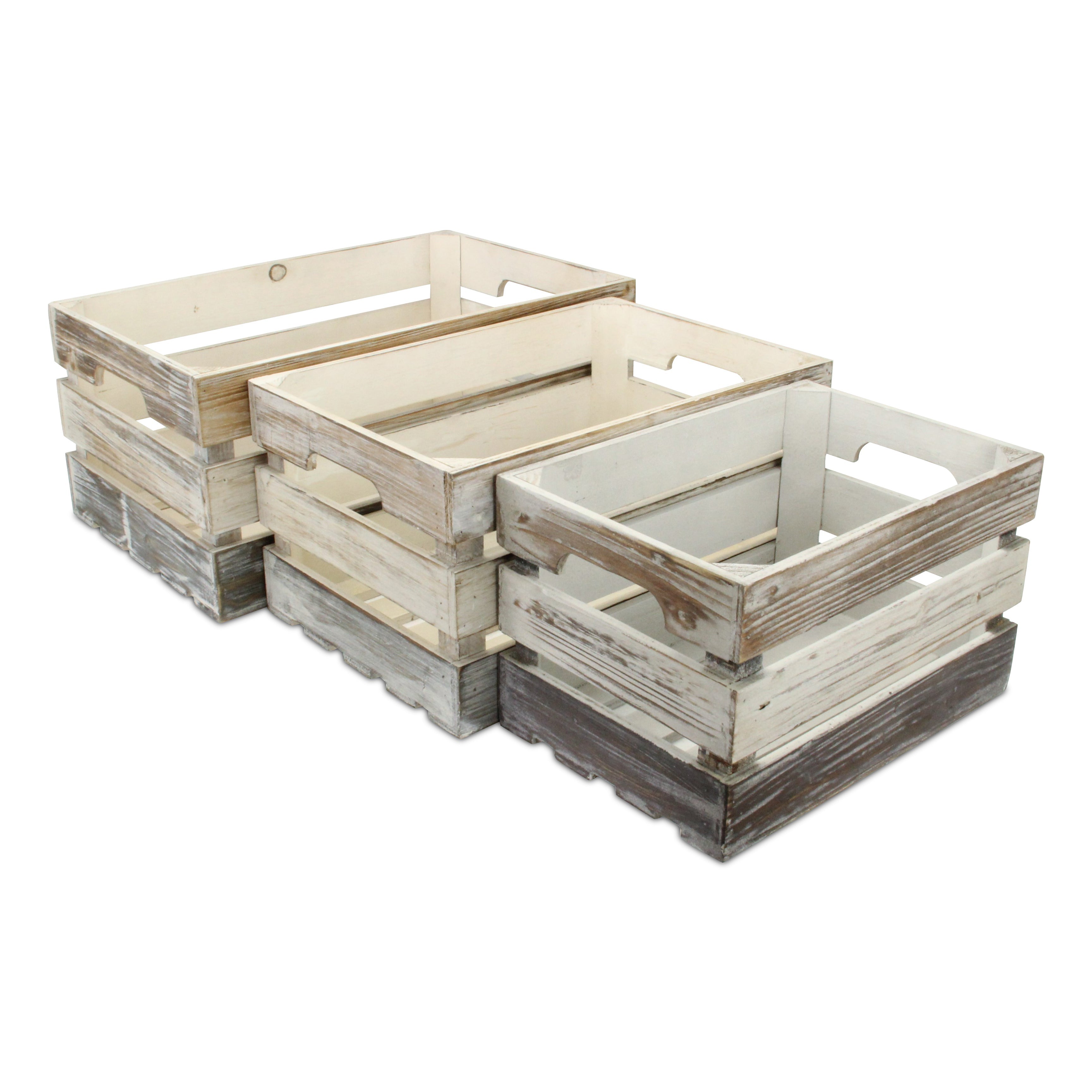 Set of Three Black Off White And Walnut Solid Wood Crate