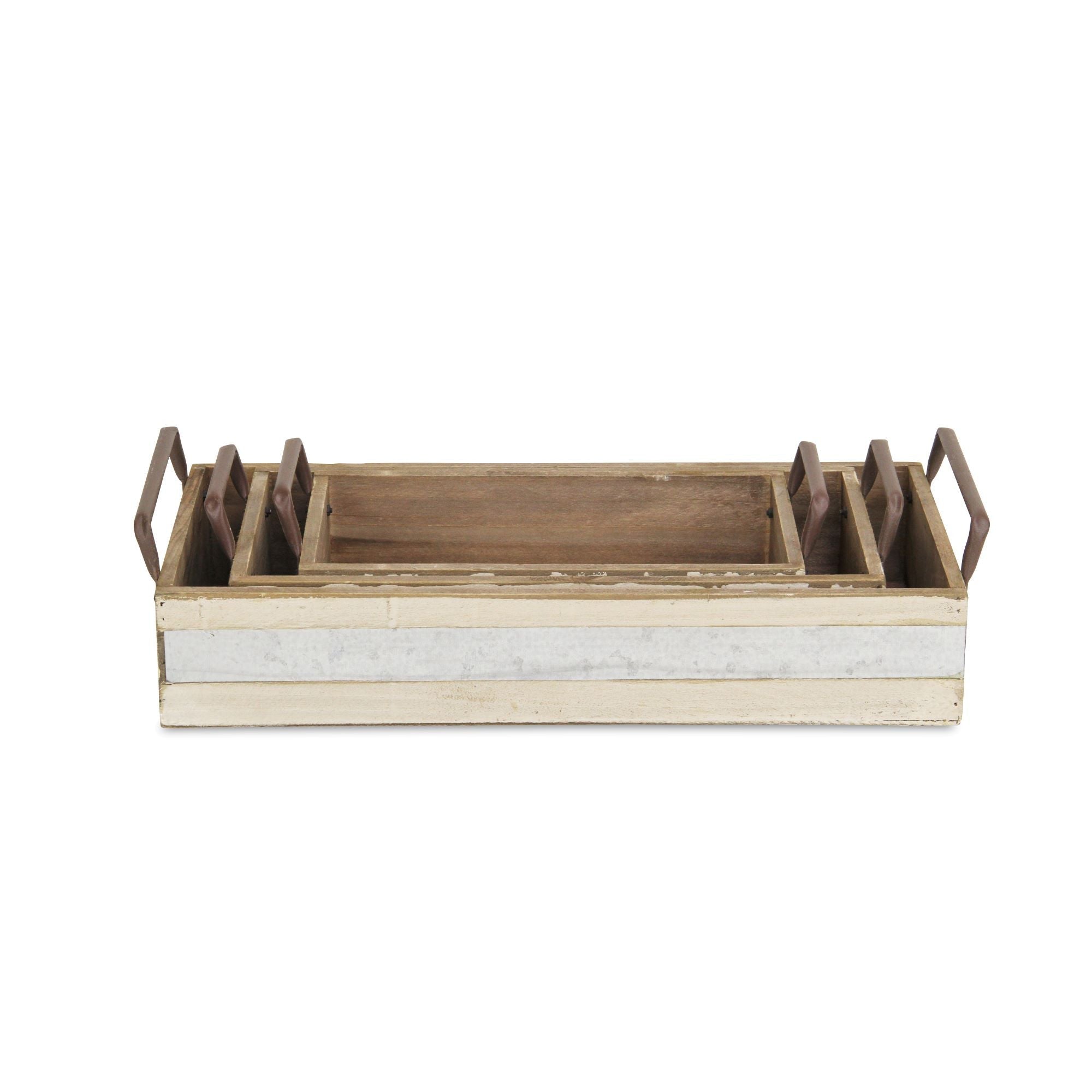 Set of Three White Solid Wood And Metal Crate