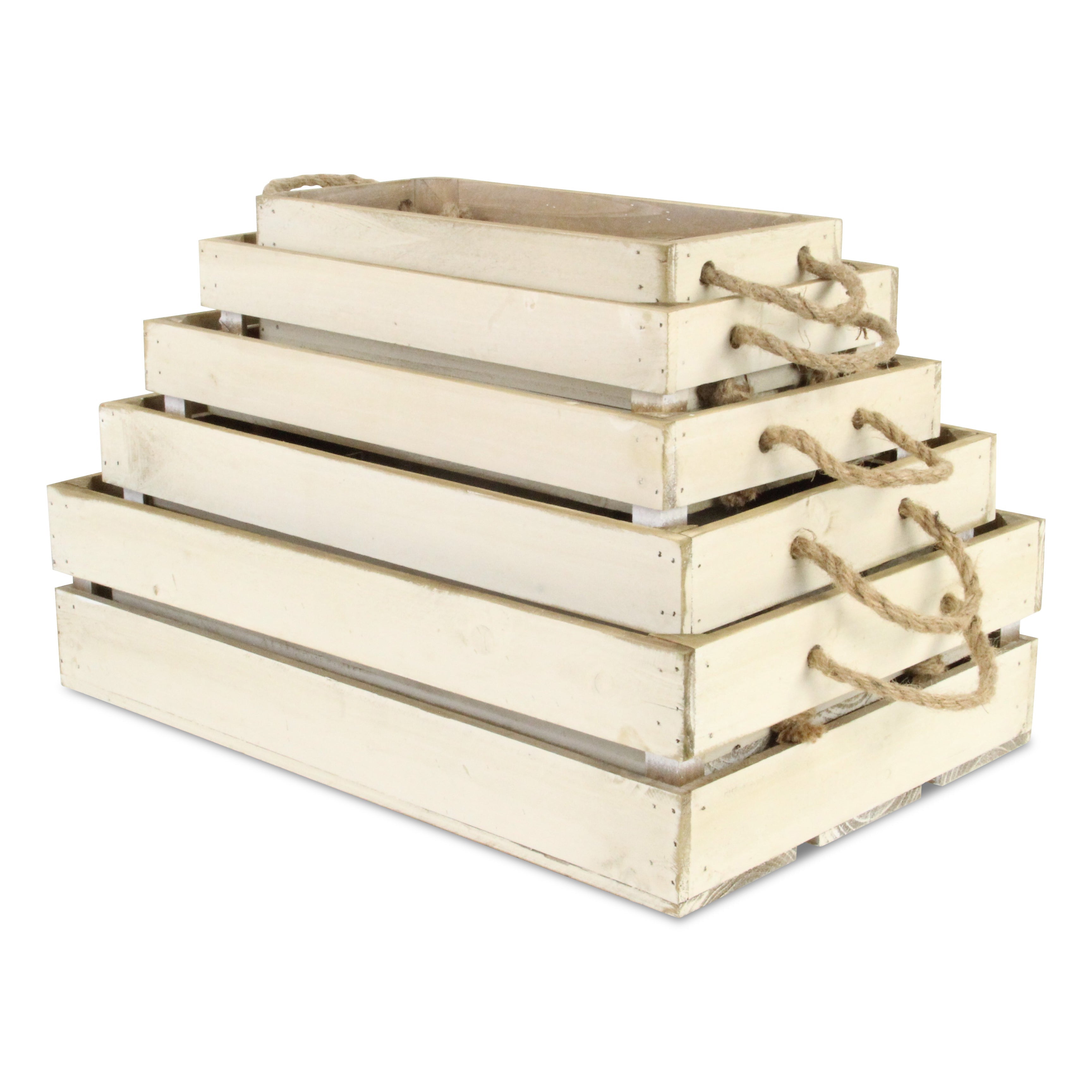 Set of Five Antiqued White Solid Wood Crate