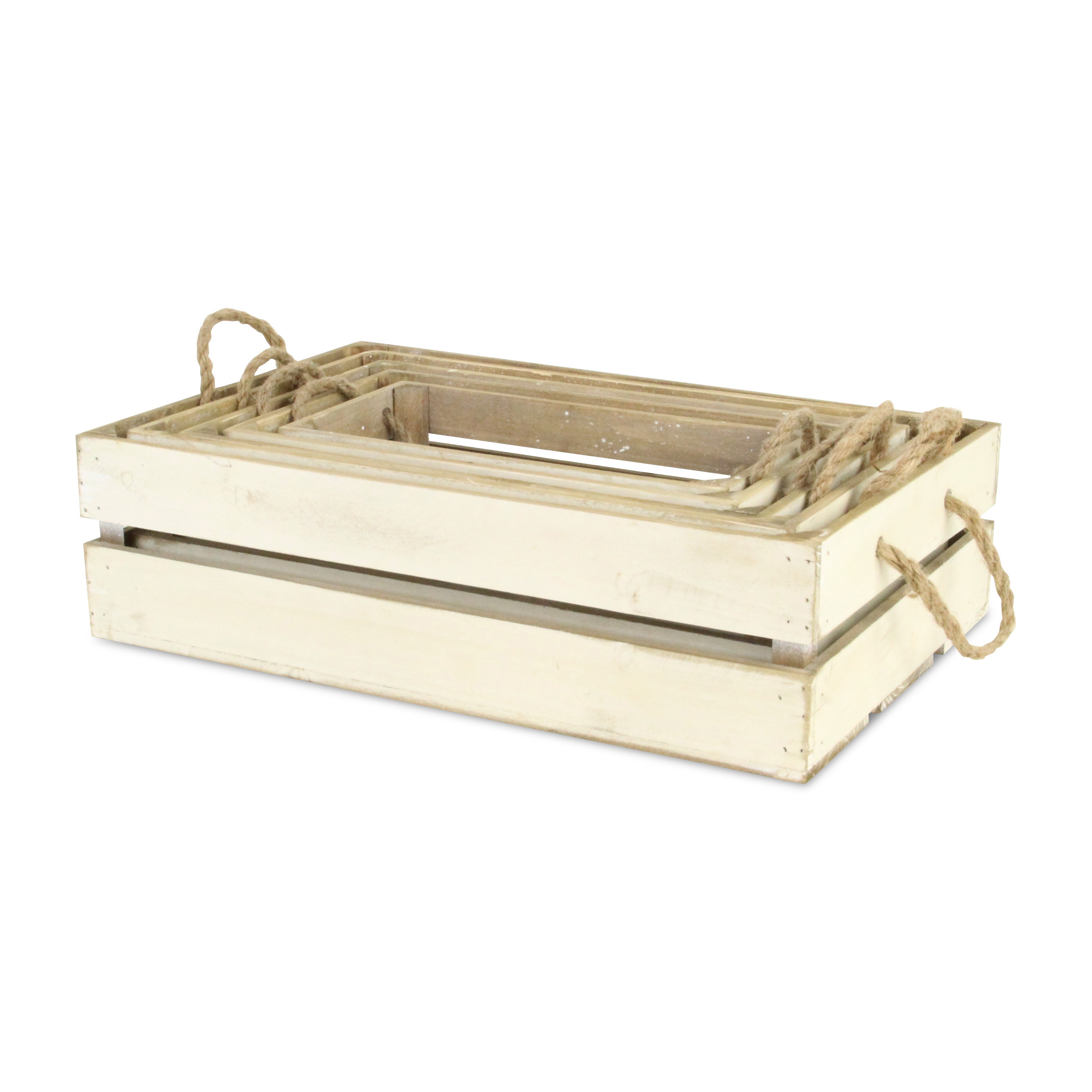 Set of Five Antiqued White Solid Wood Crate