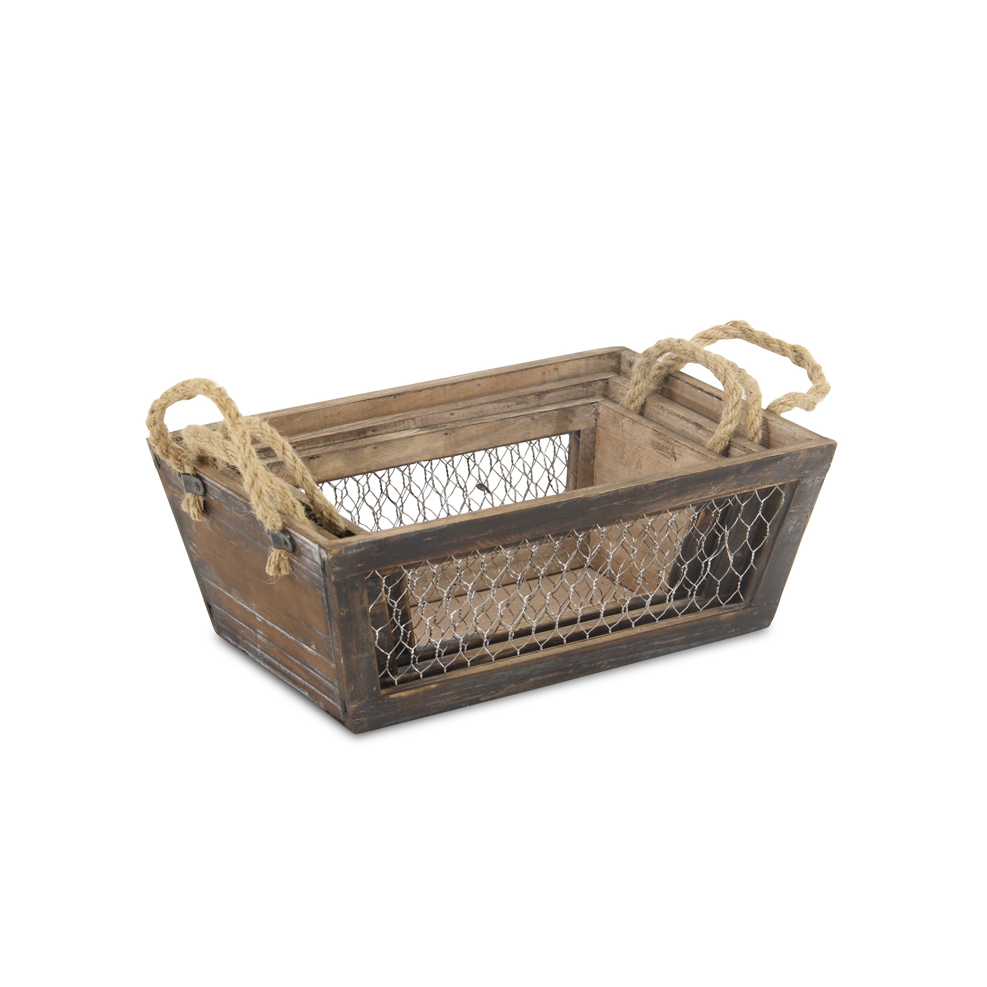 Set of Three Dark Brown Solid Wood And Metal Crate