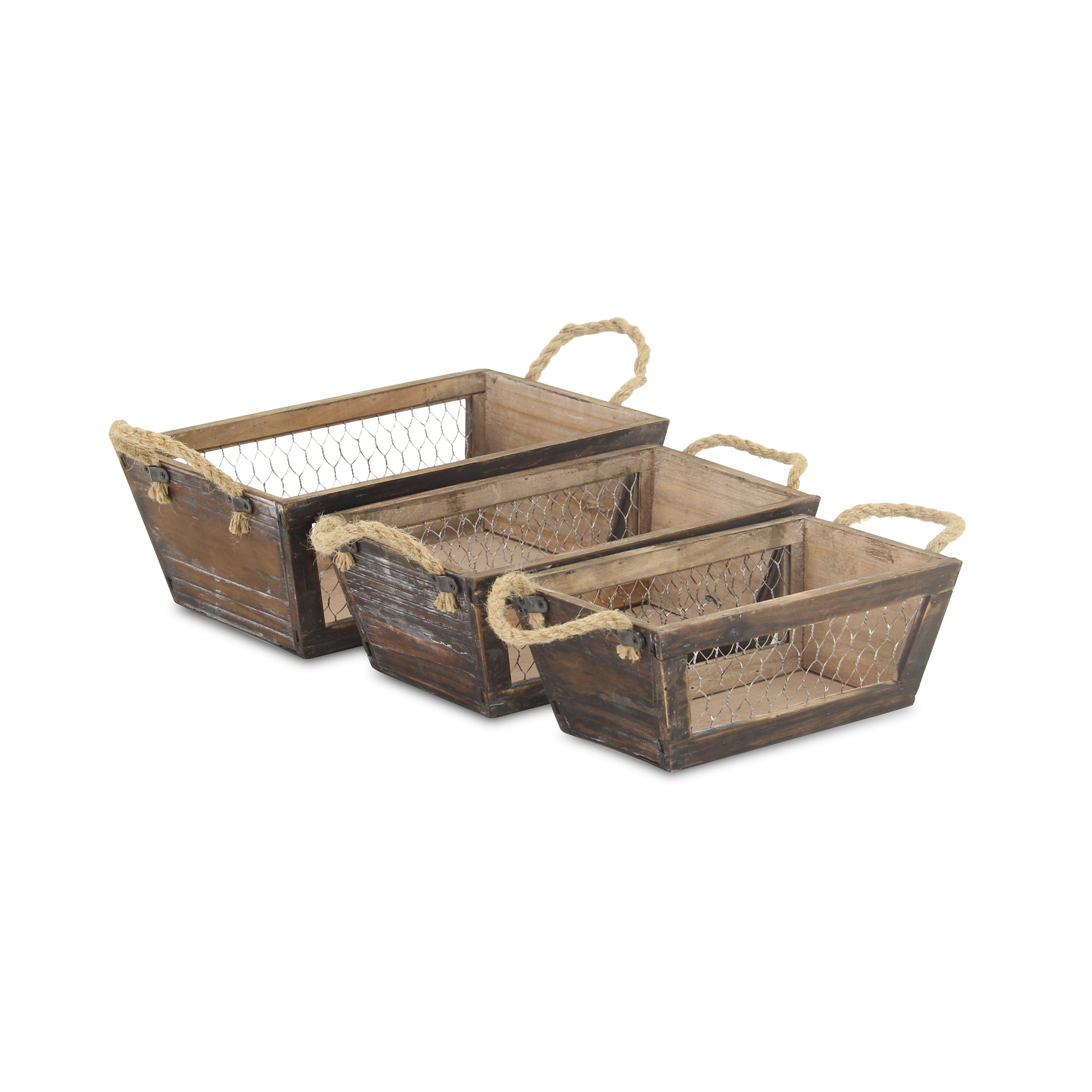 Set of Three Dark Brown Solid Wood And Metal Crate