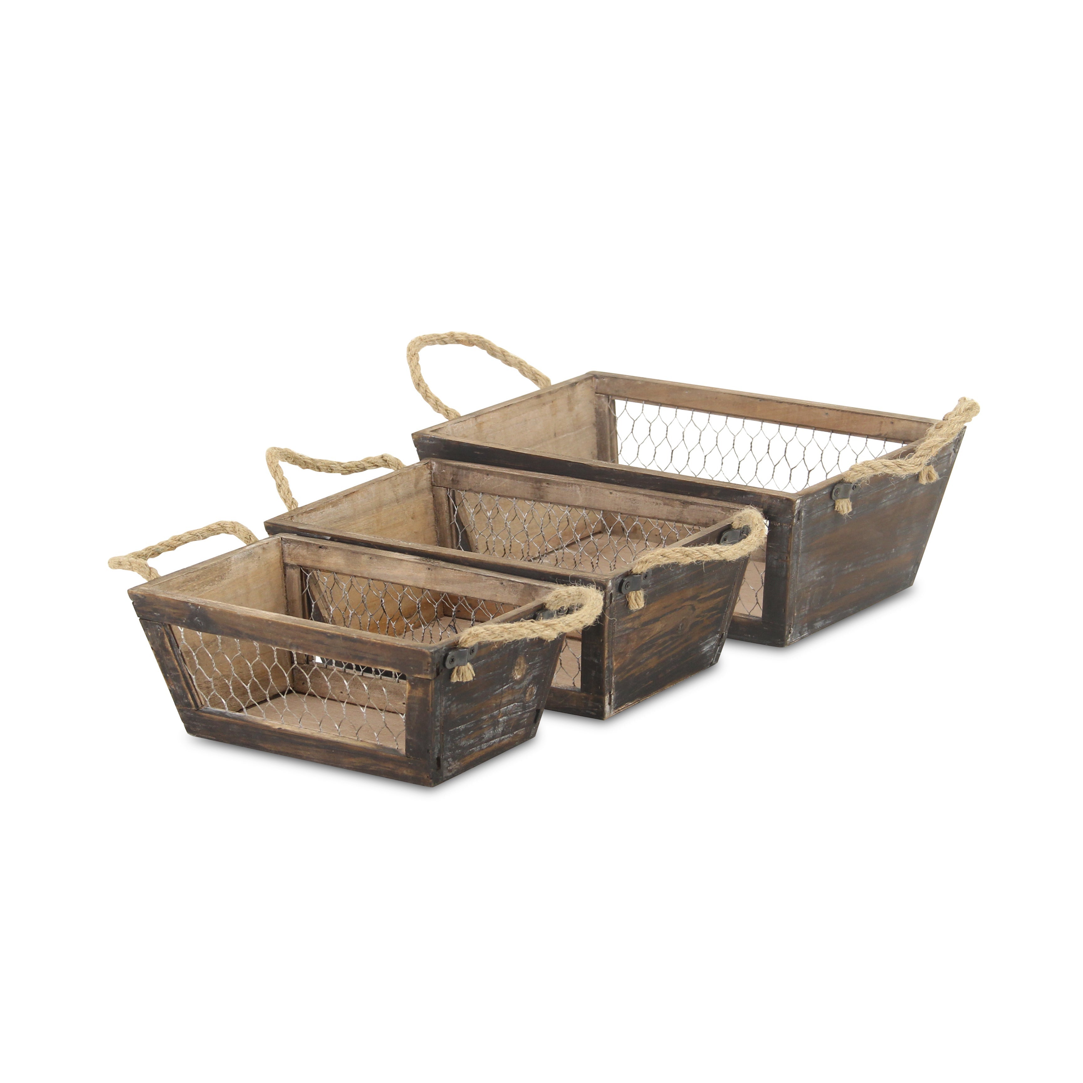 Set of Three Dark Brown Solid Wood And Metal Crate