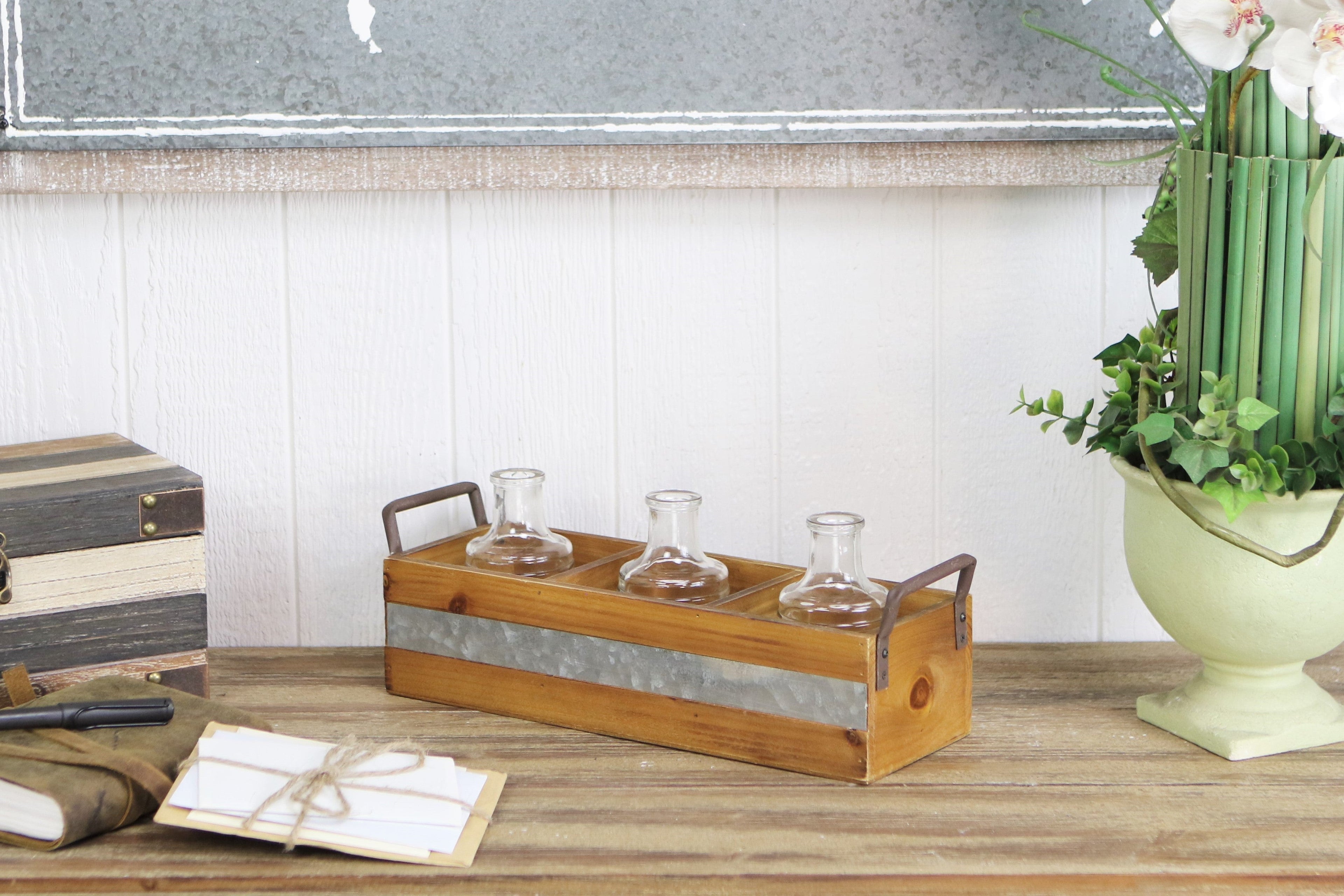 15" Brown Solid Wood And Metal Box