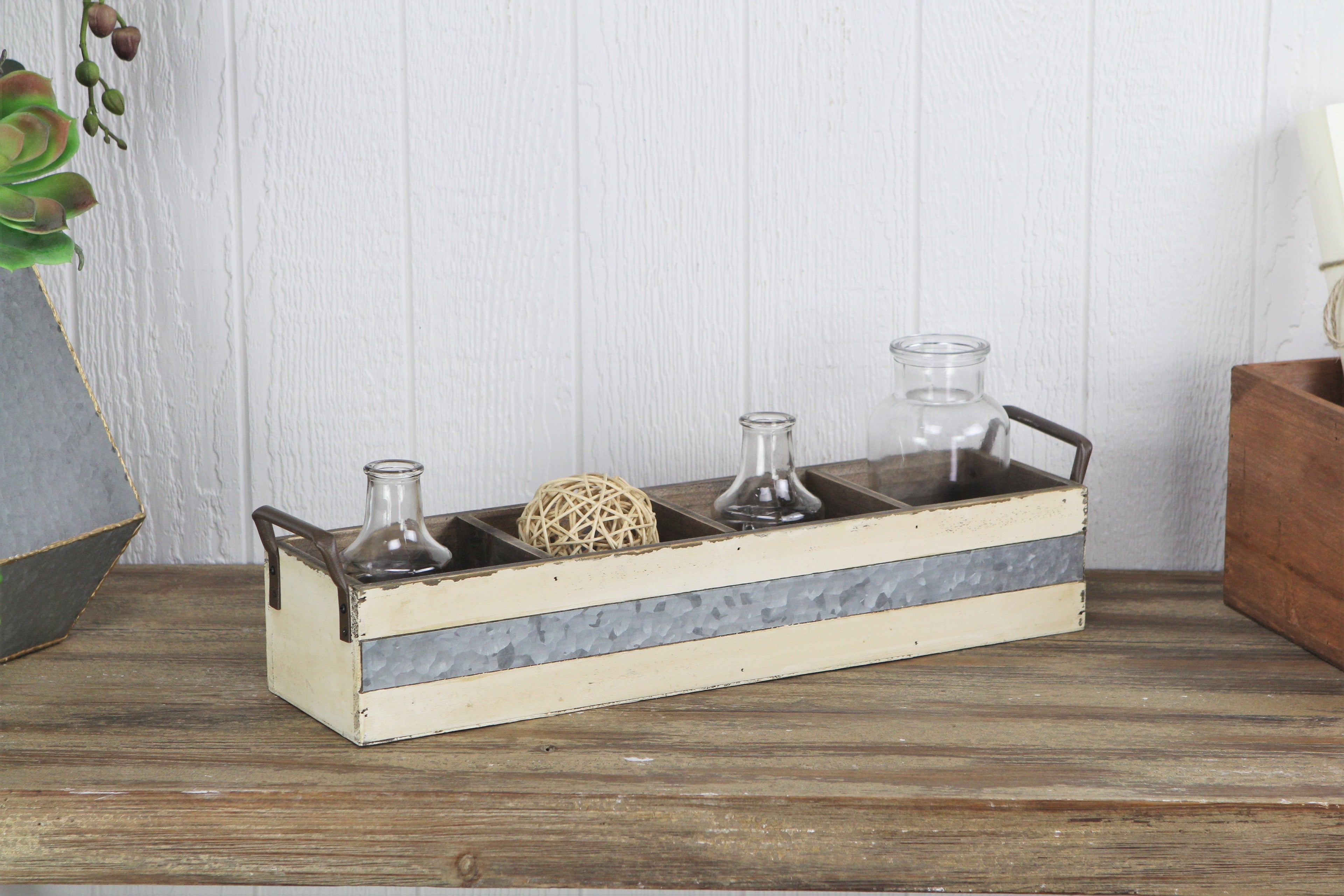 19" Antiqued White Solid Wood And Metal Box