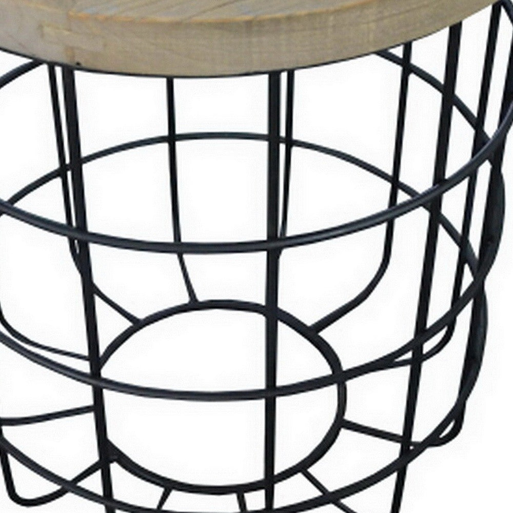 24" Natural and Black Solid Wood and Iron Round Frame End Table