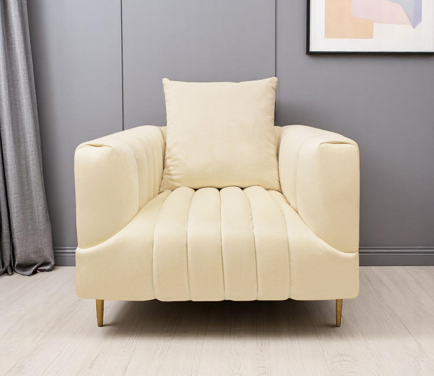 37" Ivory Velvet And Gold Solid Color Lounge Chair