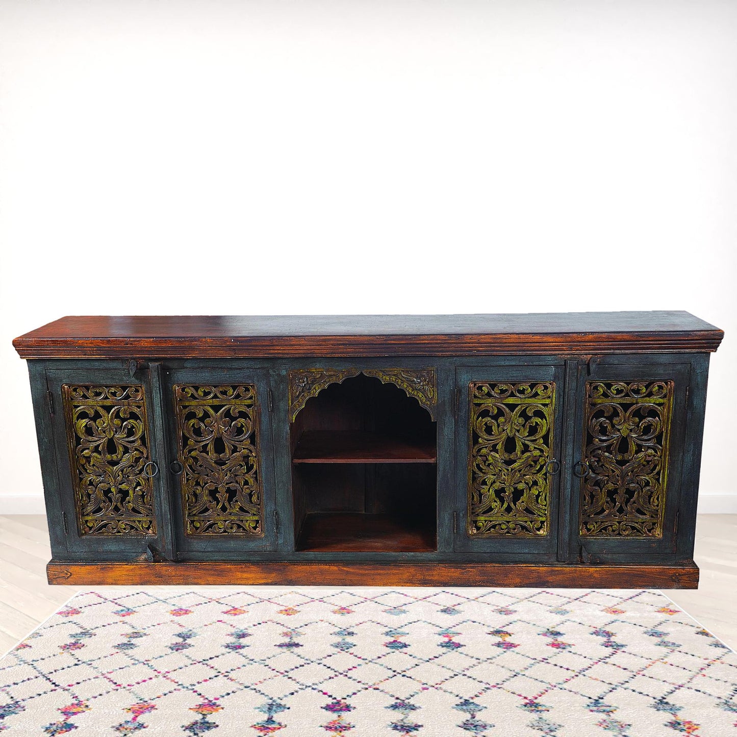 91" Brown Gray and Green Solid Wood Buffet Table with Two Doors