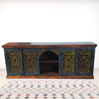 91" Brown Gray and Green Solid Wood Buffet Table with Two Doors
