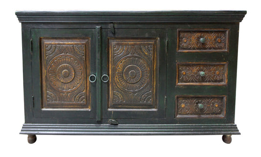 60" Dark Brown and Green Solid Wood Three Drawer Buffet Table with Two Doors