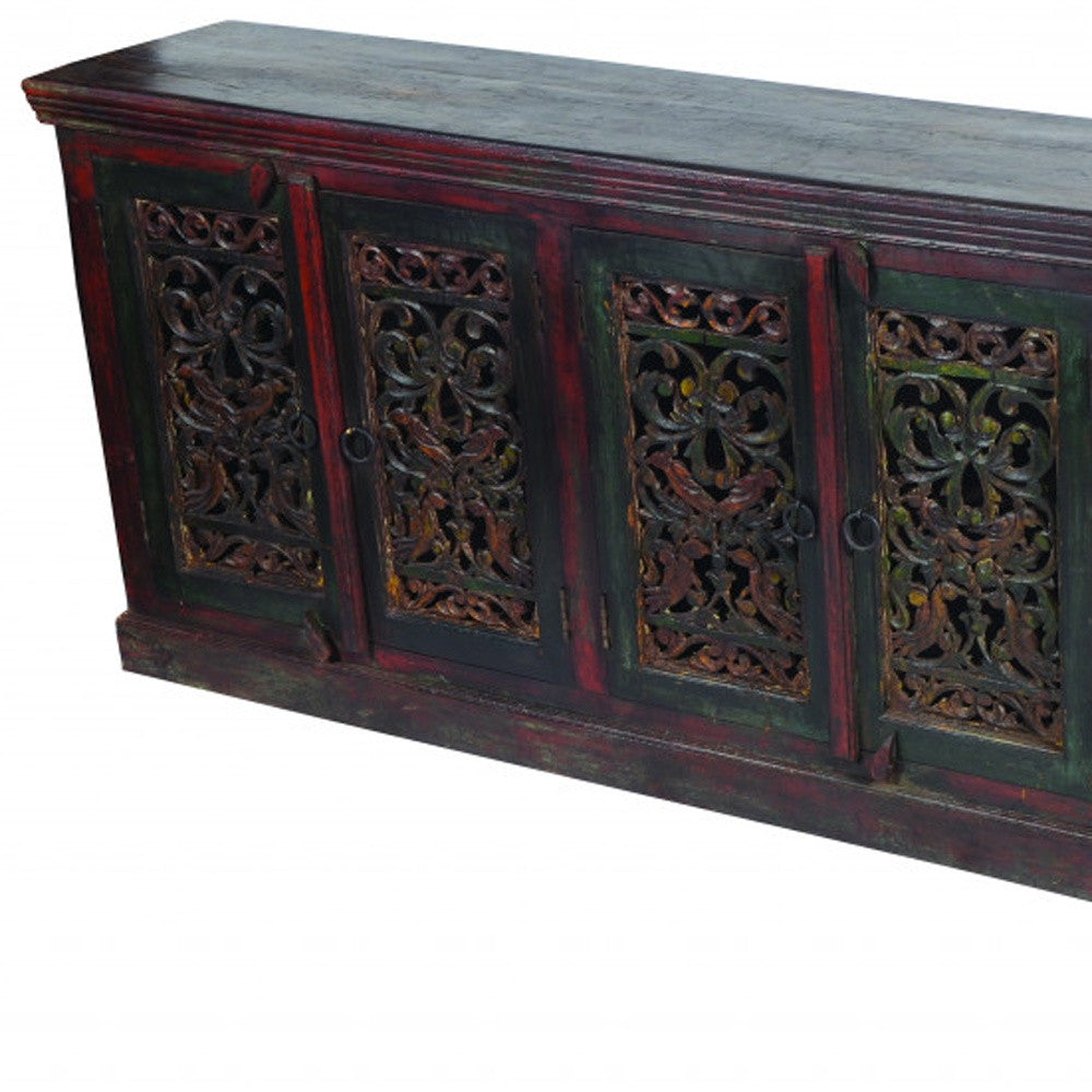 101" Brown and Green Solid Wood Buffet Table with Six Doors