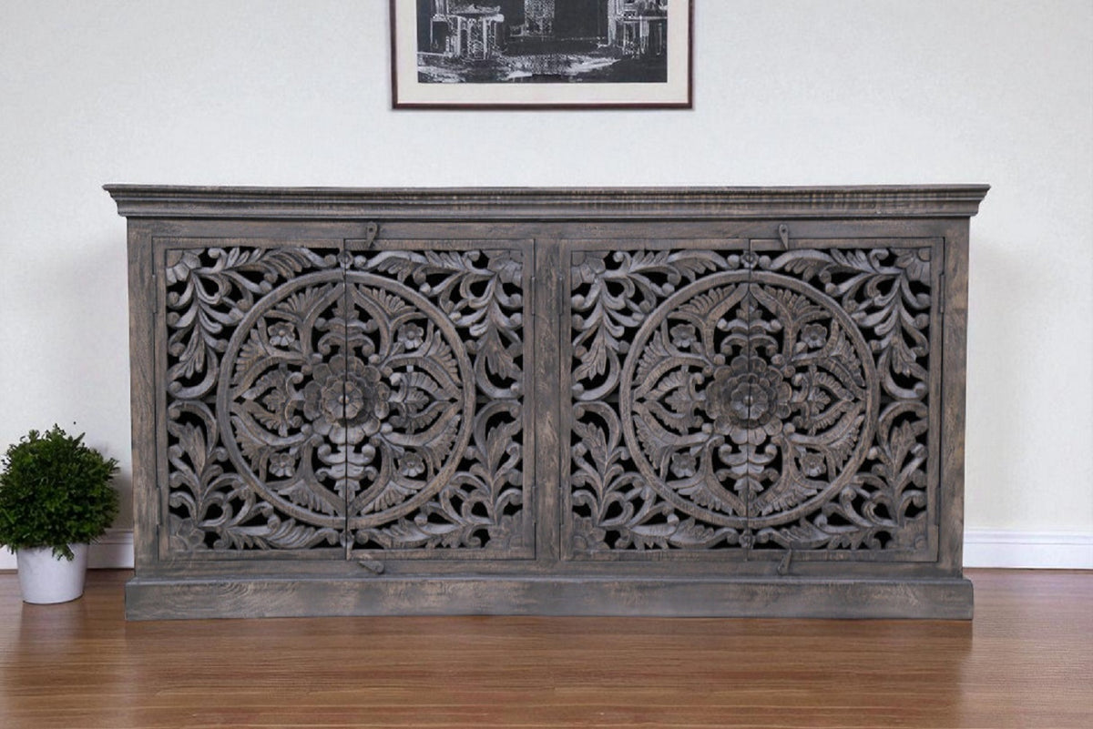 71" Gray Distressed Solid Wood Carved Floral Sideboard with Four Doors