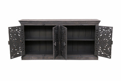 71" Gray Distressed Solid Wood Carved Floral Sideboard with Four Doors