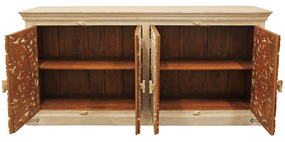 71" Beige Distressed Solid Wood Carved Scrollwork Sideboard with Four Doors