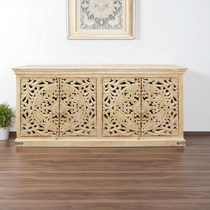 71" Beige Distressed Solid Wood Carved Scrollwork Sideboard with Four Doors