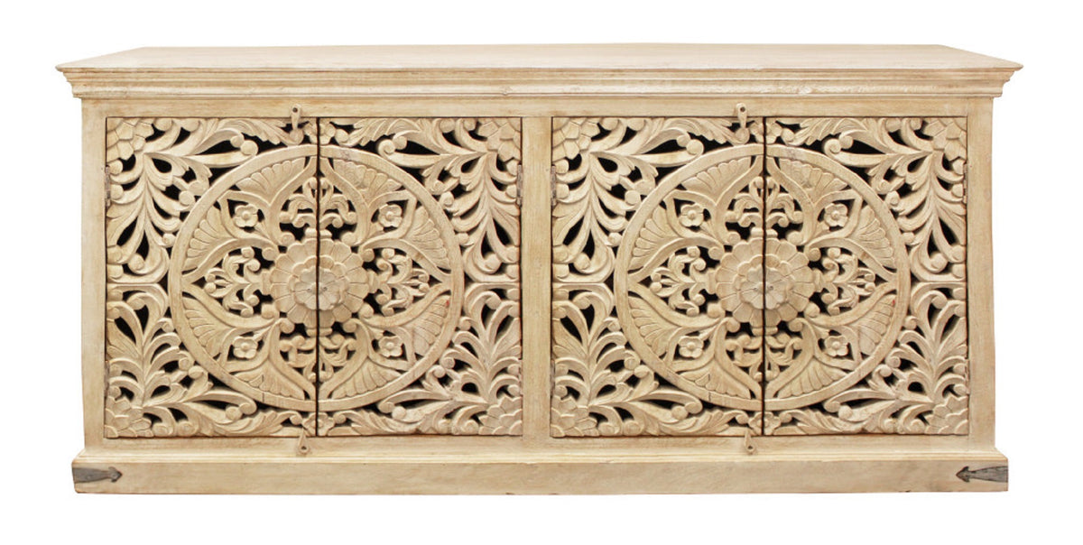 71" Beige Distressed Solid Wood Carved Scrollwork Sideboard with Four Doors