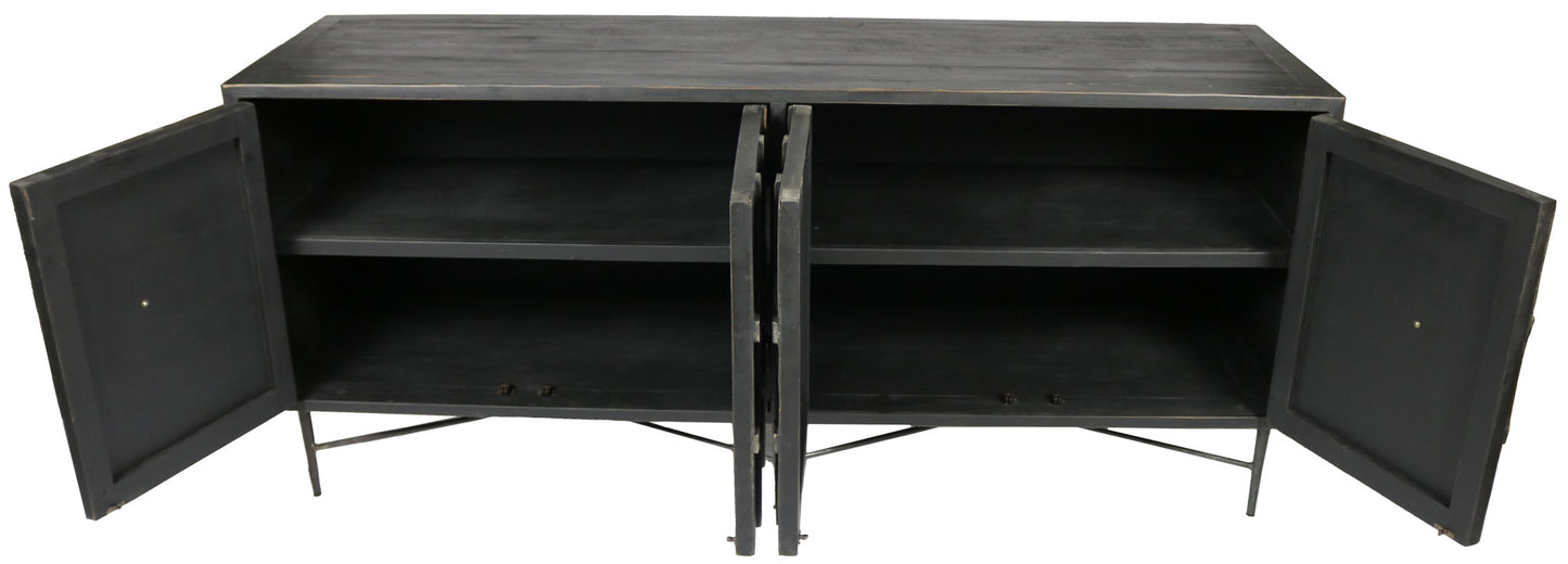 71" Brown Distressed Solid Wood Carved Geometric Sideboard with Four Doors