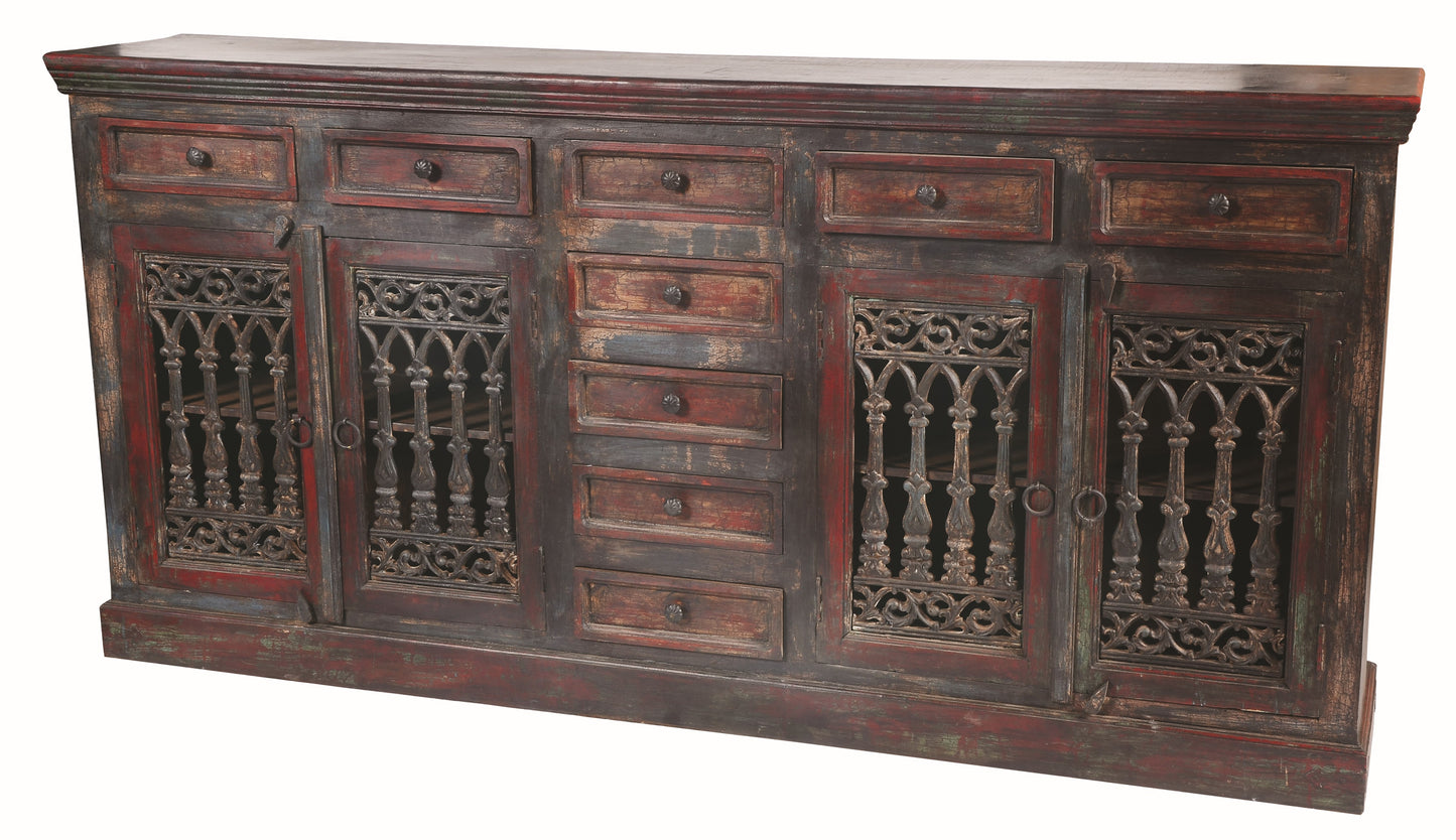 90" Brown Solid Wood Nine Drawer Buffet Table with Four Doors