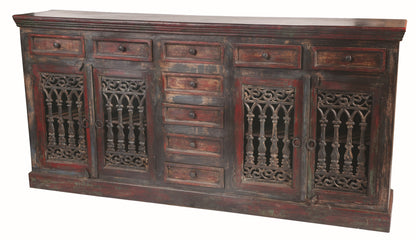 90" Brown Solid Wood Nine Drawer Buffet Table with Four Doors