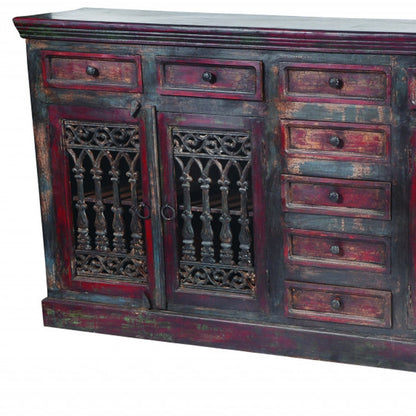90" Brown Solid Wood Nine Drawer Buffet Table with Four Doors