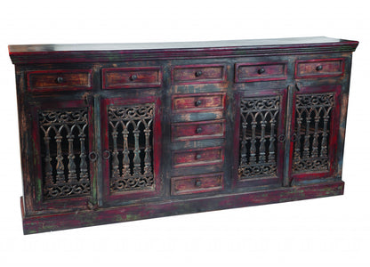 90" Brown Solid Wood Nine Drawer Buffet Table with Four Doors