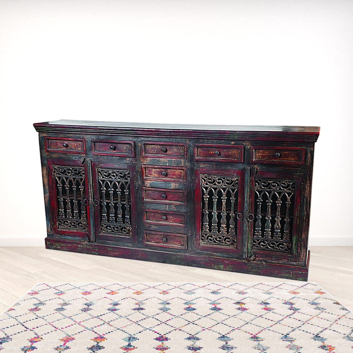 90" Brown Solid Wood Nine Drawer Buffet Table with Four Doors