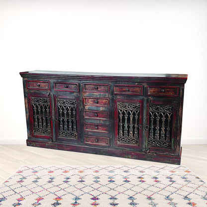 90" Brown Solid Wood Nine Drawer Buffet Table with Four Doors