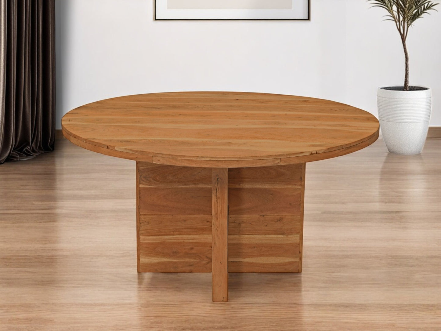 60" Natural Rounded Solid Wood Pedestal Base Dining Table