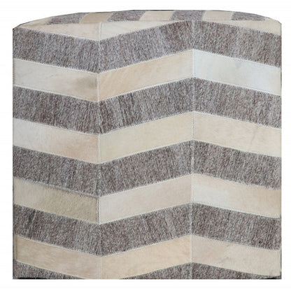 18" Gray and Beige Hair on Hide Cube Chevron Pouf Ottoman