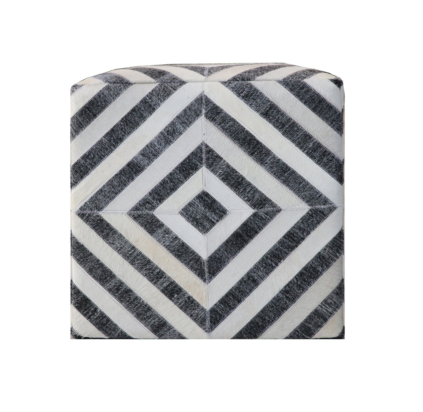 18" Dark Gray and Ivory Hair on Hide Cube Geometric Pouf Ottoman