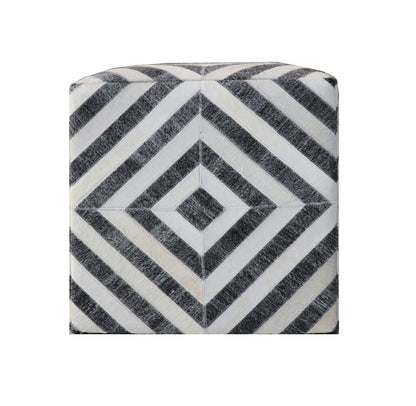 18" Dark Gray and Ivory Hair on Hide Cube Geometric Pouf Ottoman