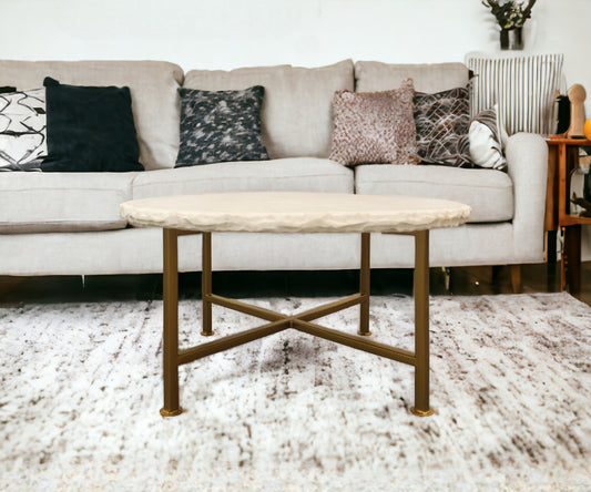 30" Ivory and Brass Genuine Marble and Iron Round Frame Coffee Table