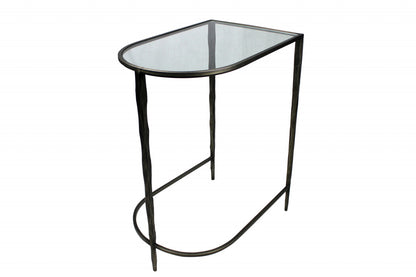 Set of Two 25" Black And Clear Glass And Genuine Marble Half Circle Three Leg Console Table