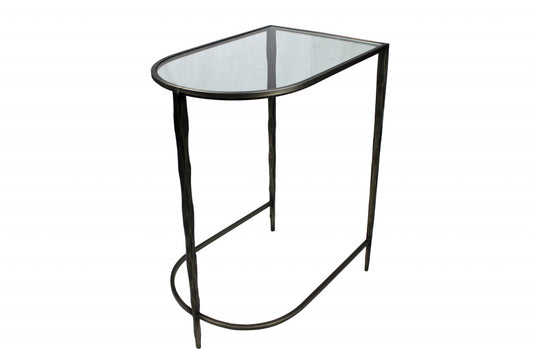 Set of Two 25" Black And Clear Glass And Genuine Marble Half Circle Three Leg Console Table
