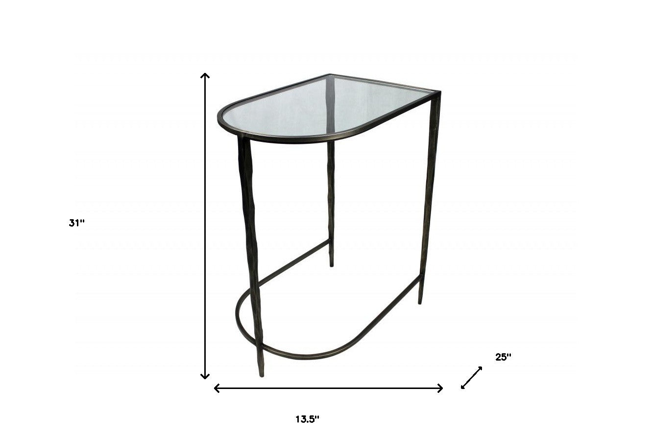 Set of Two 25" Black And Clear Glass And Genuine Marble Half Circle Three Leg Console Table