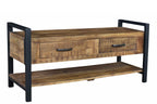46" Natural and Black Metal Distressed Solid Wood Storage Bench with Drawers