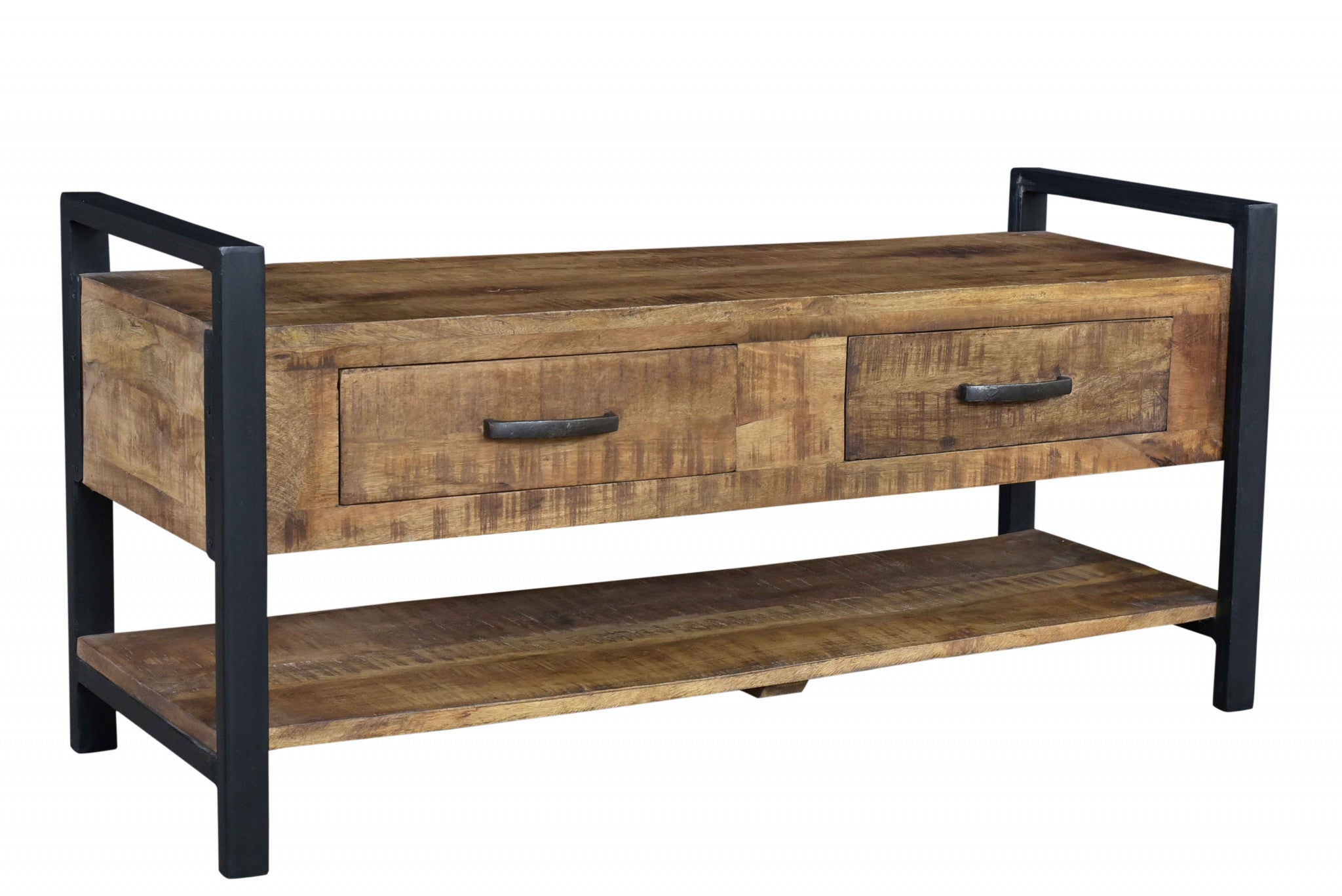 46" Natural and Black Metal Distressed Solid Wood Storage Bench with Drawers