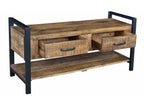 46" Natural and Black Metal Distressed Solid Wood Storage Bench with Drawers