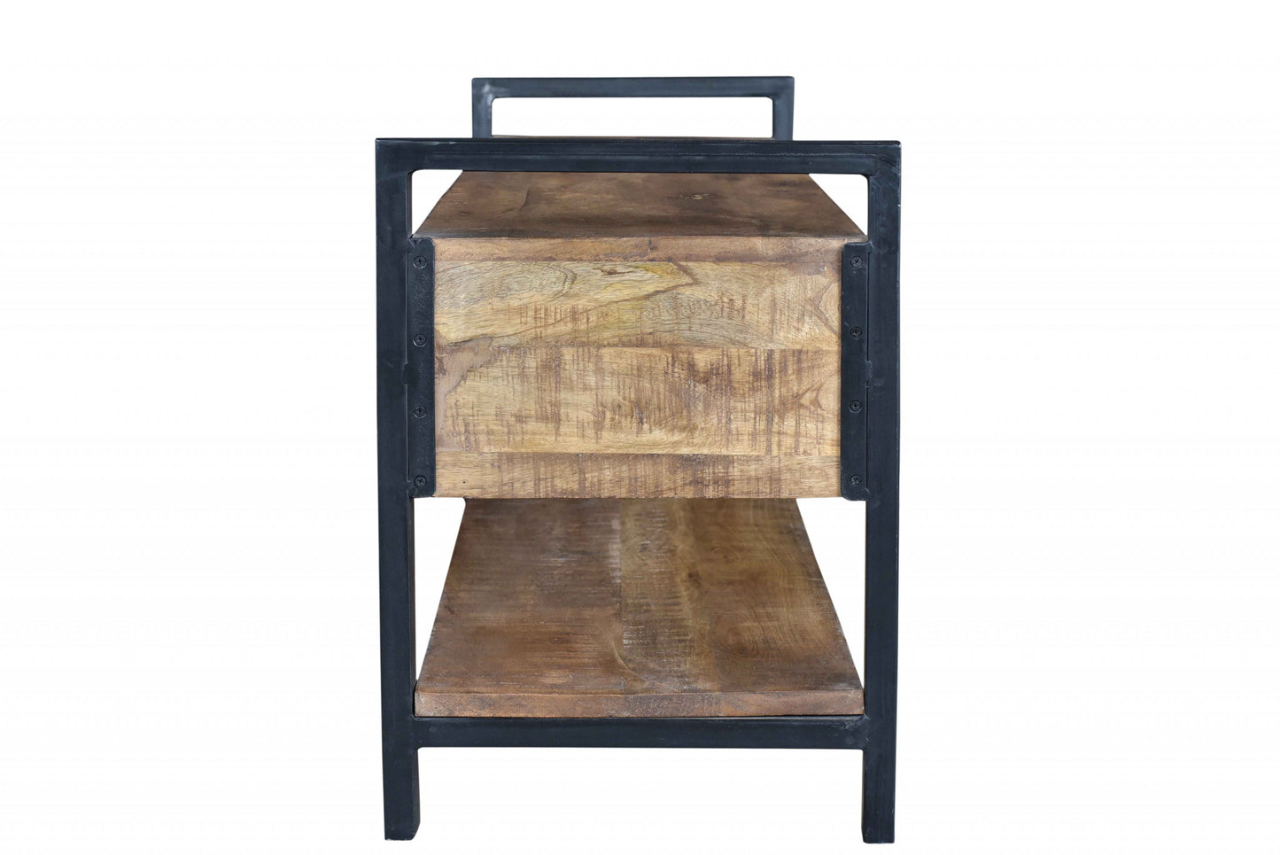 46" Natural and Black Metal Distressed Solid Wood Storage Bench with Drawers