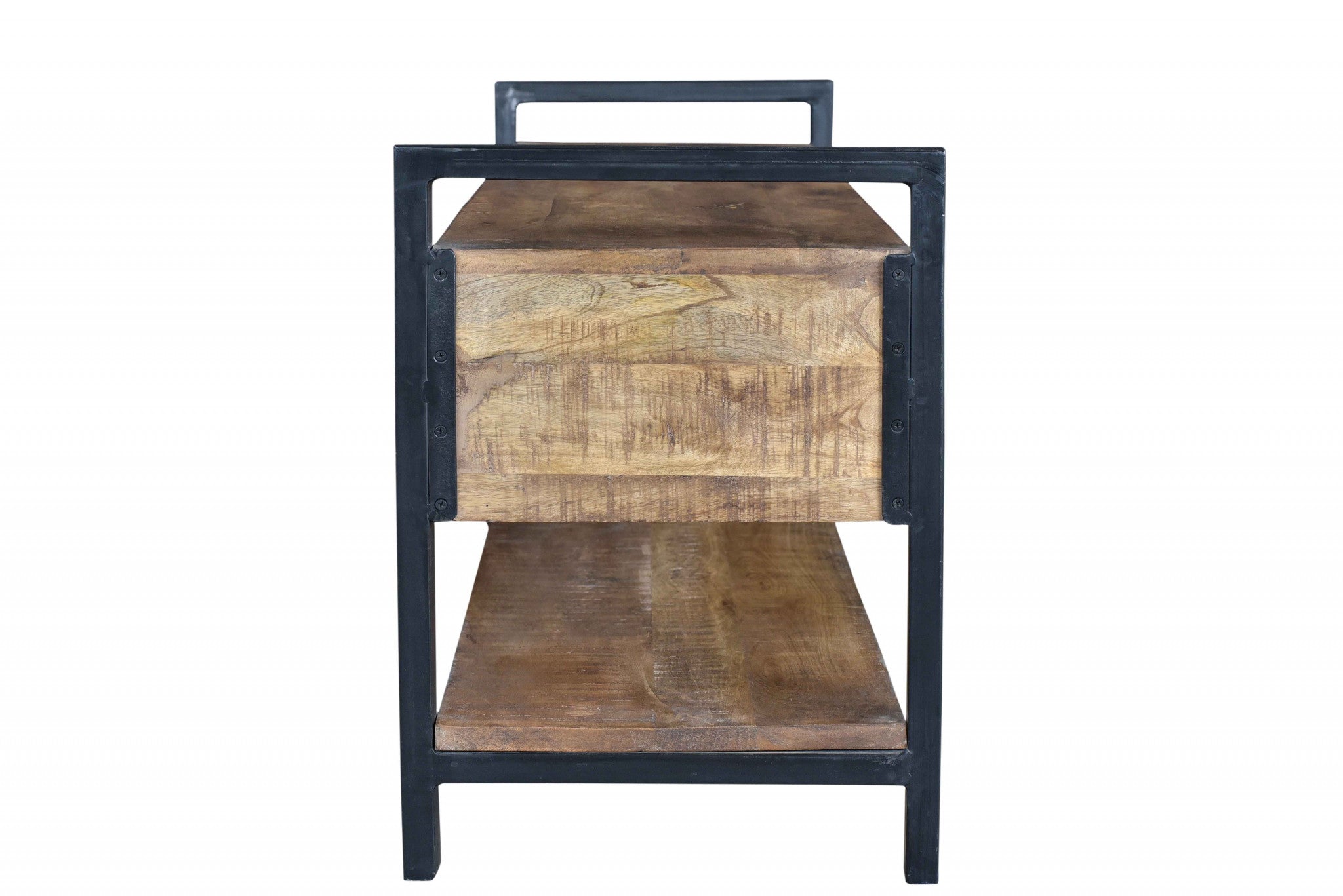 46" Natural and Black Metal Distressed Solid Wood Storage Bench with Drawers