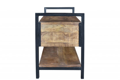 46" Natural and Black Metal Distressed Solid Wood Storage Bench with Drawers