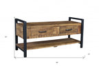 46" Natural and Black Metal Distressed Solid Wood Storage Bench with Drawers