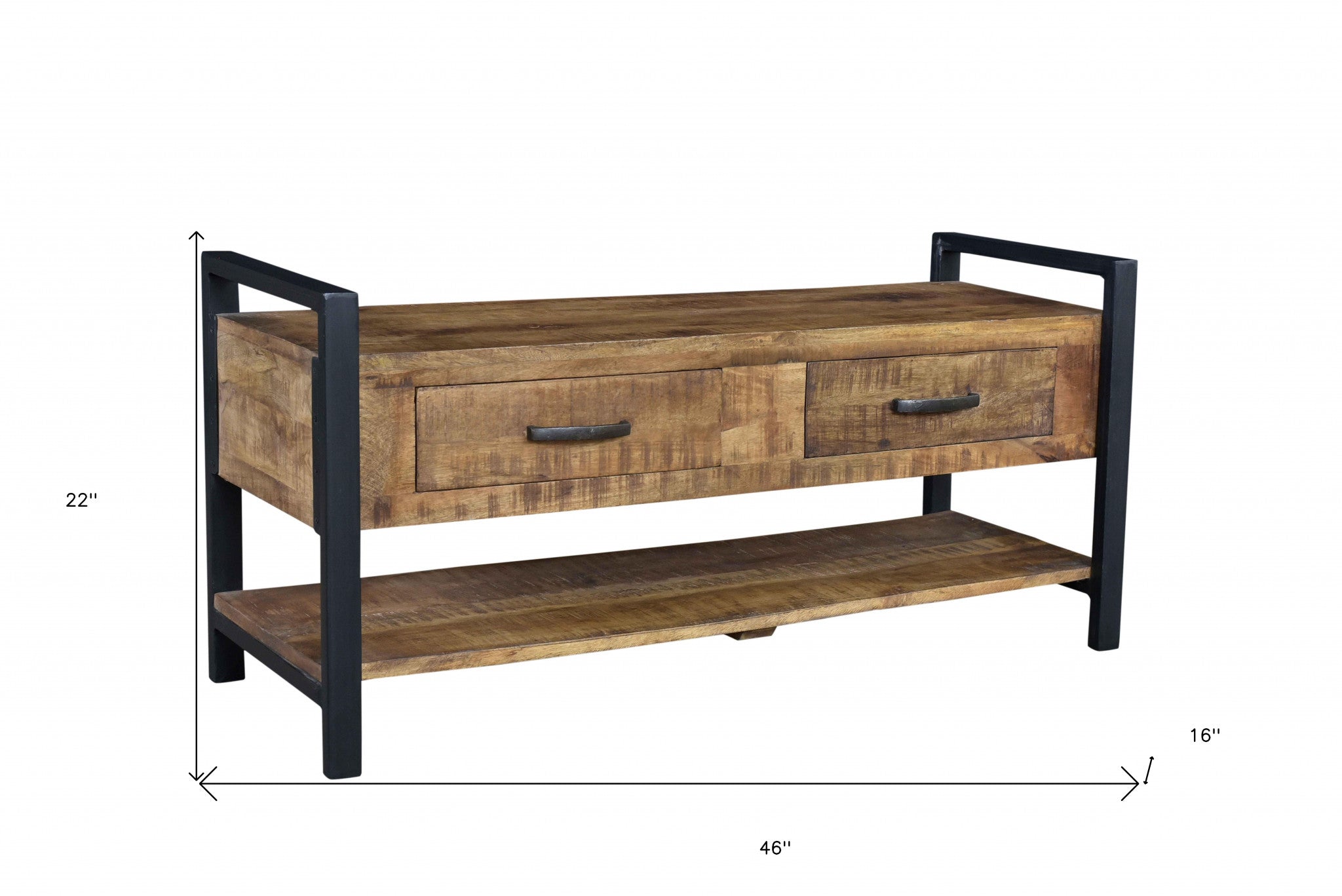 46" Natural and Black Metal Distressed Solid Wood Storage Bench with Drawers