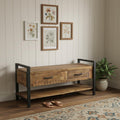 46" Natural and Black Metal Distressed Solid Wood Storage Bench with Drawers